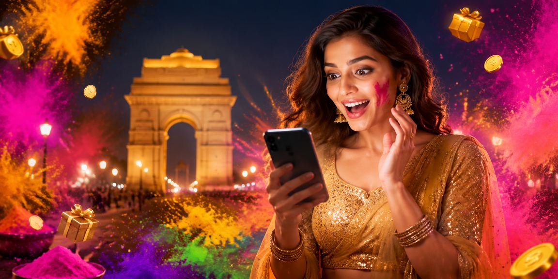 India Gate illuminated with a mobile casino player in traditional attire